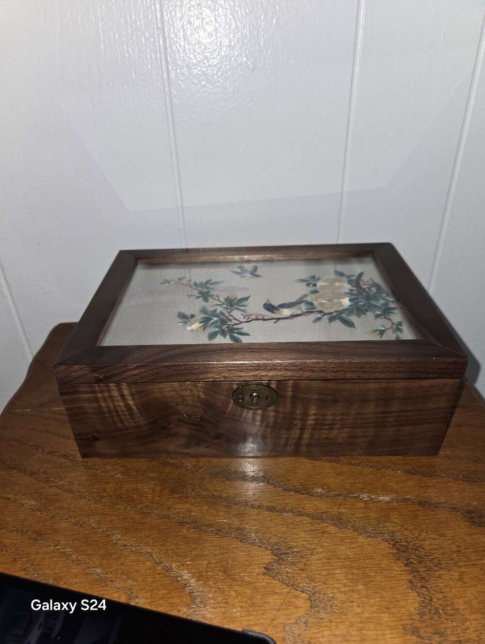 Antique Jewelry Box, Chinese Silk Double-Sided Embroidery Screen, Walnut Wood